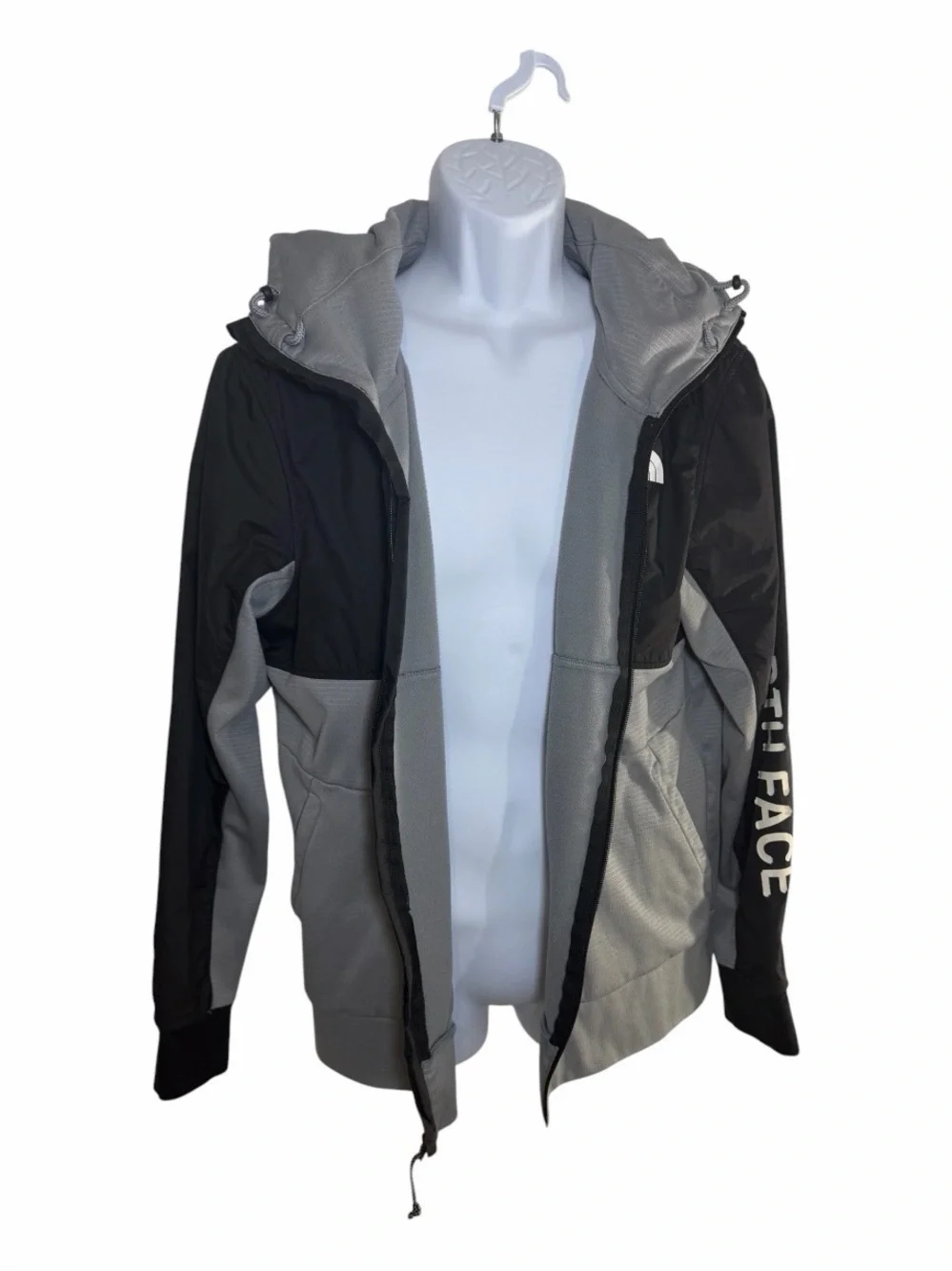 The North Face Black Gray Colorblock Hooded Jacket Mens L Full Zip Fleece
